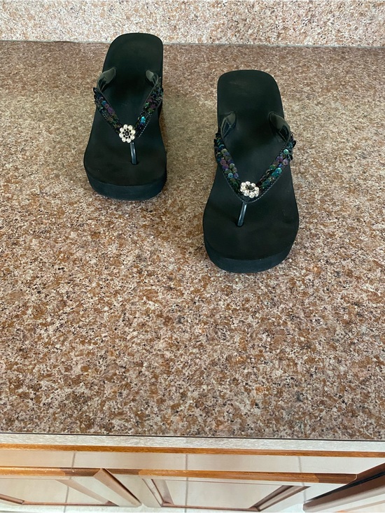 Shoes - Women's Black Beaded Wedge Thong Sandals with Rhinestone Accent